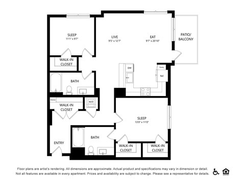 Floor plan for 2 beds, 2 baths, 1138 sqft